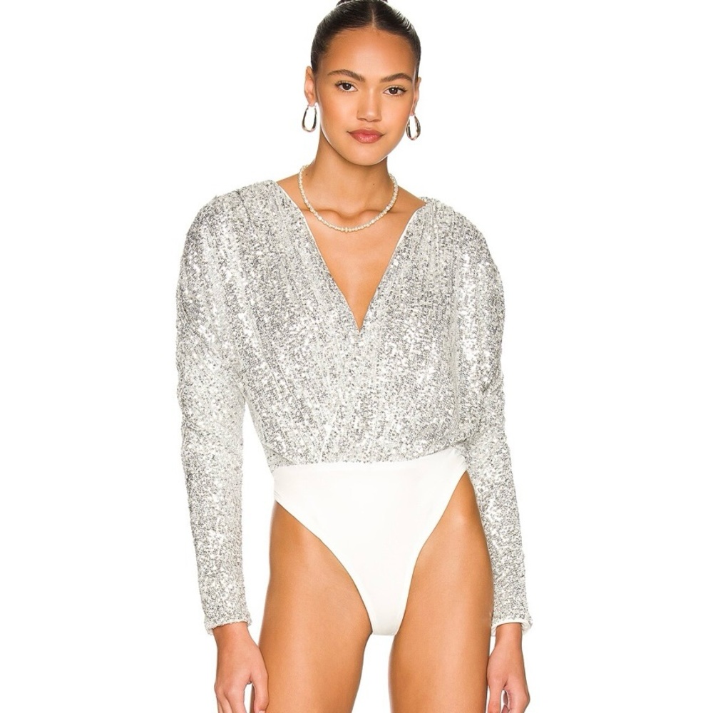 Lovers and Friends Ginger Silver Sequin Bodysuit Top NWT